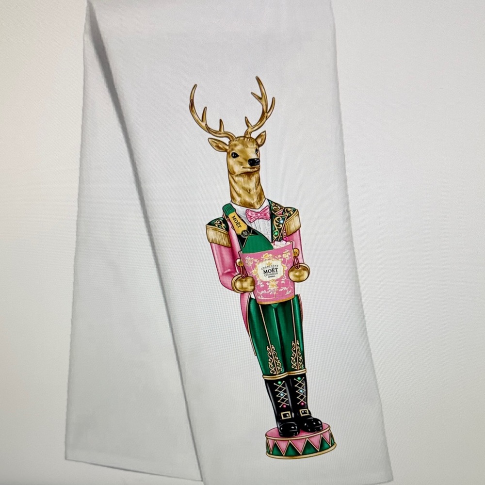 Moet Reindeer with Champagne White Tea Towel NWT $28 Retail